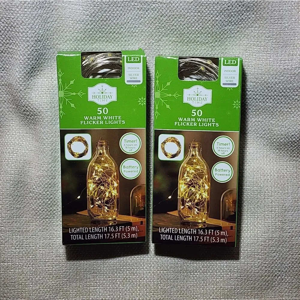 Lot of two Holiday Time 50-Count Battery-Operated LED Flicker Christmas String